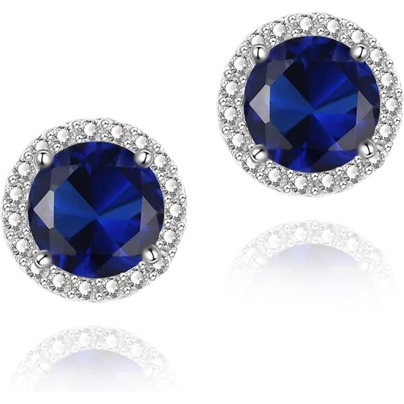 Women's Round Dark Blue Birthstone Elegant Mall Dainty Cubic Zirconia Earring - Picture 1 of 5